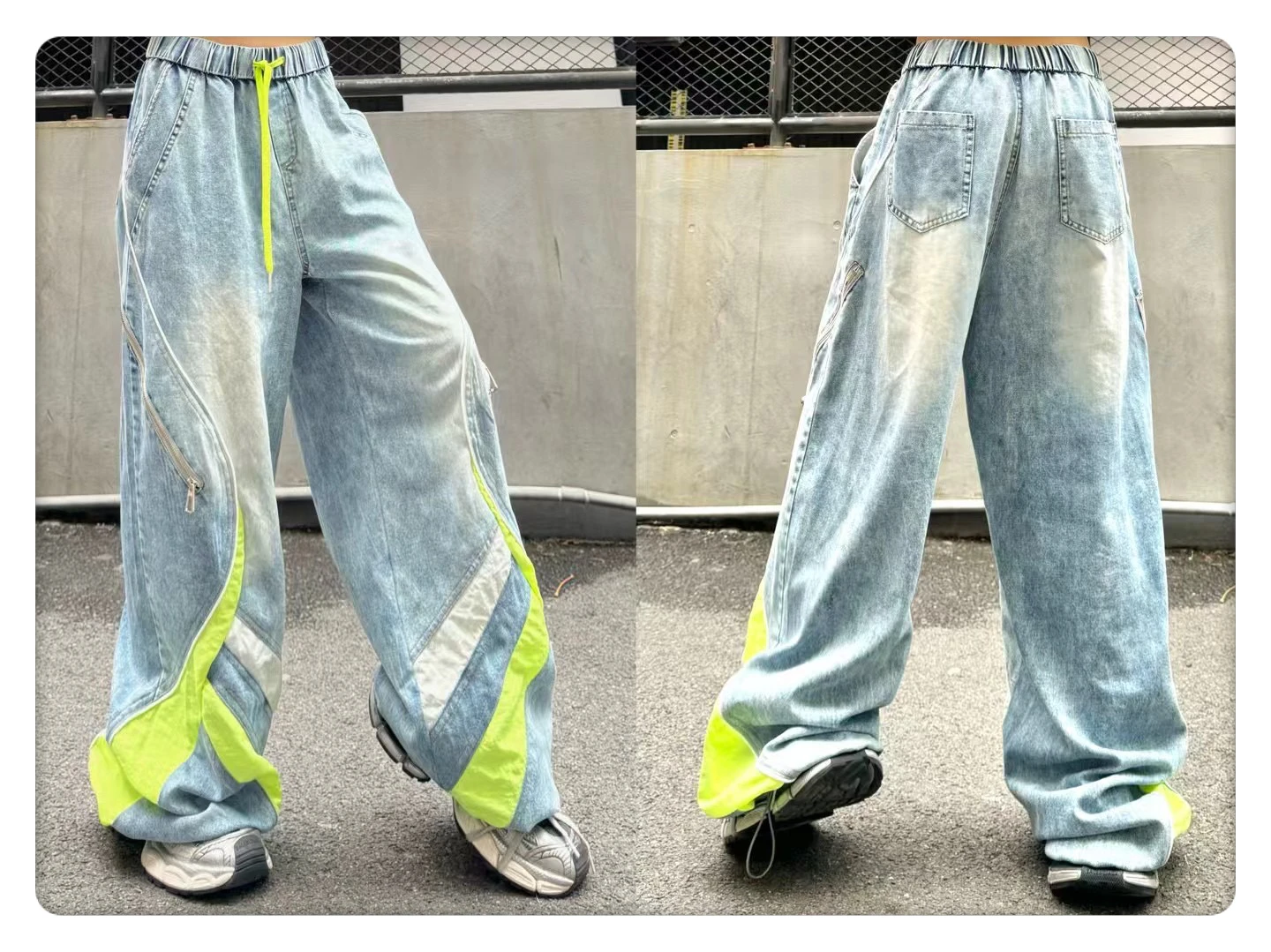 European Jeans Women's 2025 Spring New Heavy Industry Trousers Contrasting Colors Drawstring Elastic Band Loose Zipper Trousers