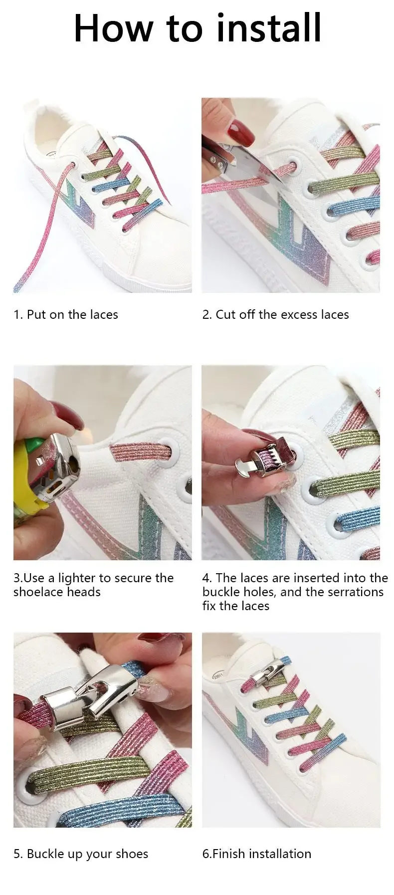 Krawattenlose Schnürsenkel für Sneaker, luxuriöse Diamant-Kreuzverschluss-Schnürsenkel, Regenbogenfarbene, elastische, flache Schnürsenkel ohne Krawatten, Schnürsenkel für Schuhe. – Detail 6