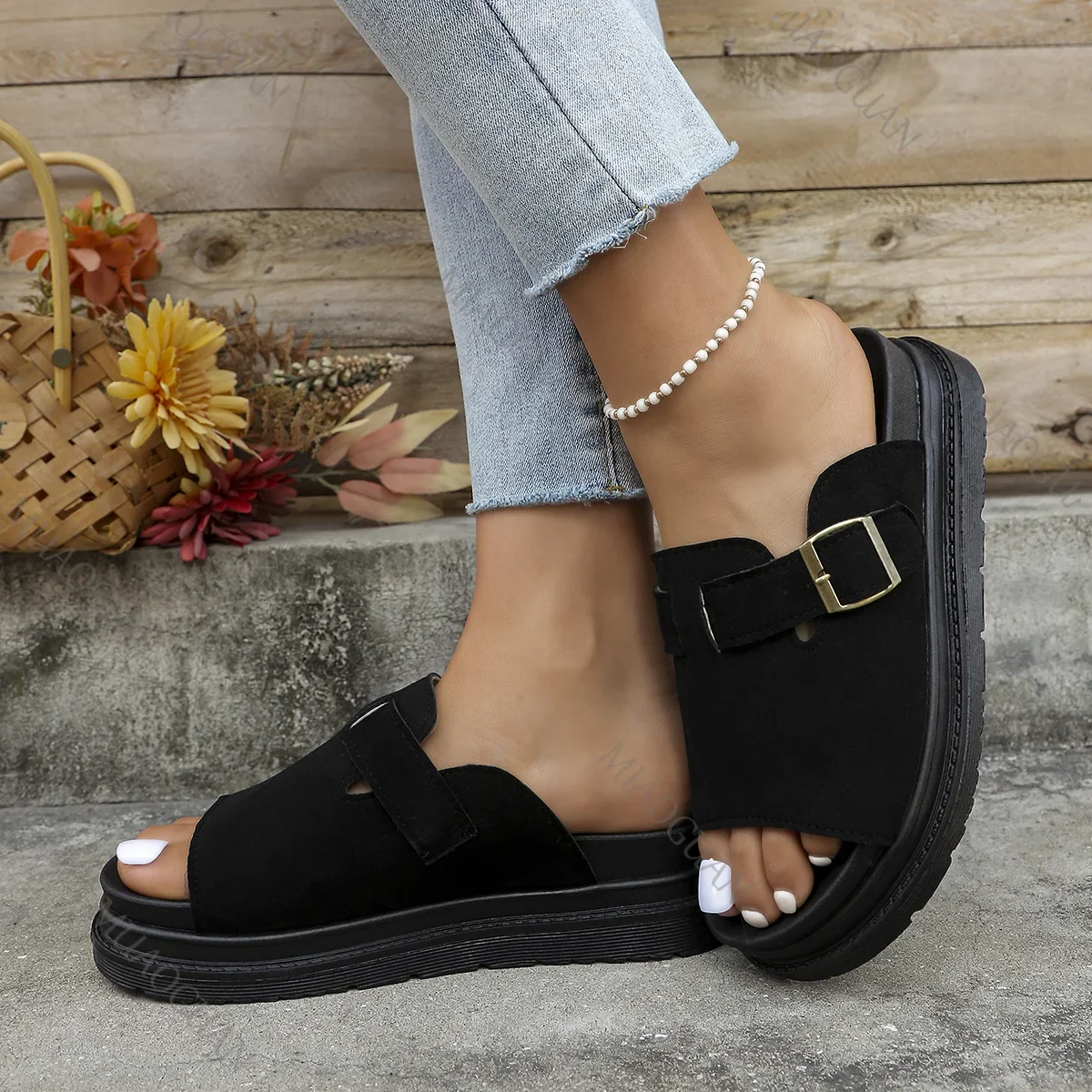 Suede Leather Thick Platform Womens Sandals 2025 Spring Summer Buckle Non-Slip Sandels Casual Breathable Woman Fashion Sandalias