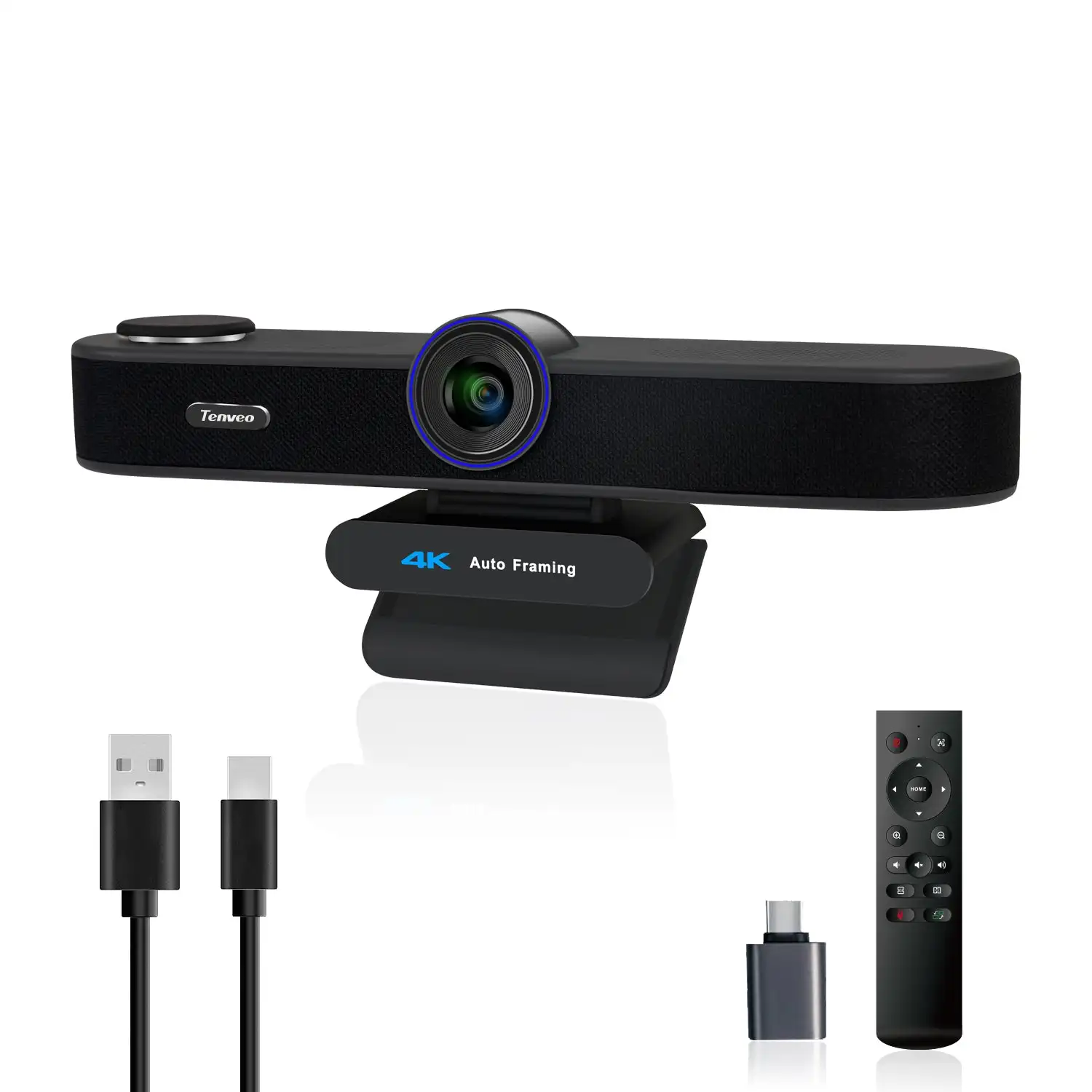 Tenveo 4K 3-in-1 Webcam with Microphone & Speaker, 5X Digital Zoom, AI Auto Framing, Adjustable FOV & Remote Control, Plug-and-P