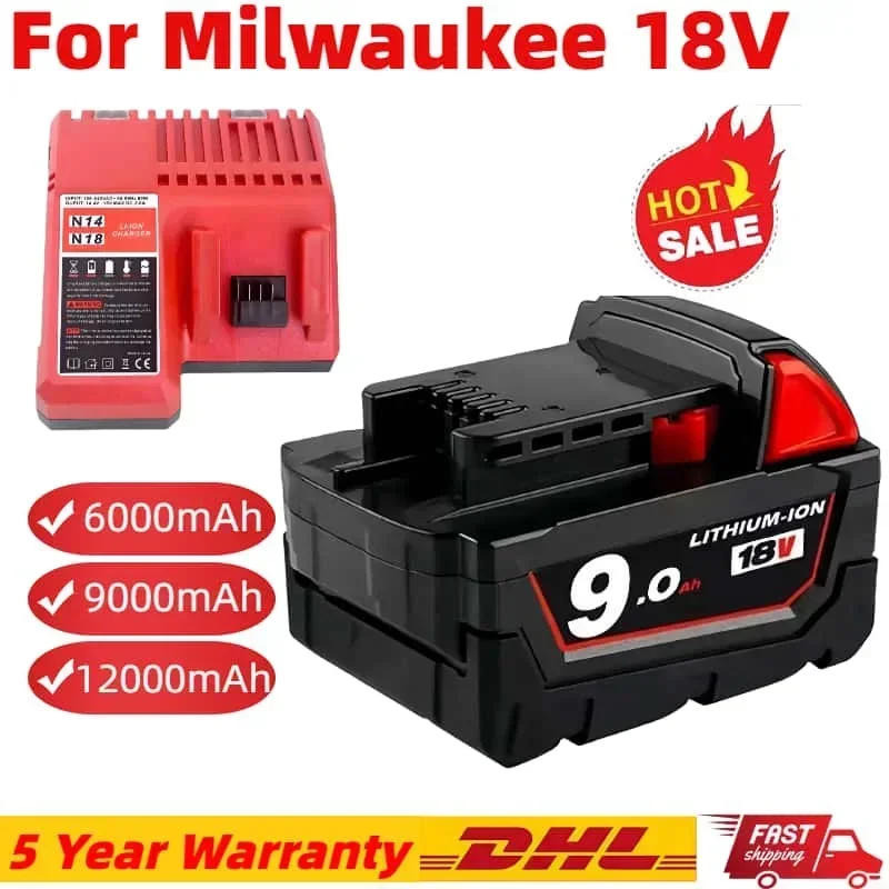 

For Milwaukee M18 Power Tool Battery, Charger, BR, XC, 18V, 5000mAh-18000mAh M18B5, 48-11-1860, Built-in 18650 10C TOOL Battery