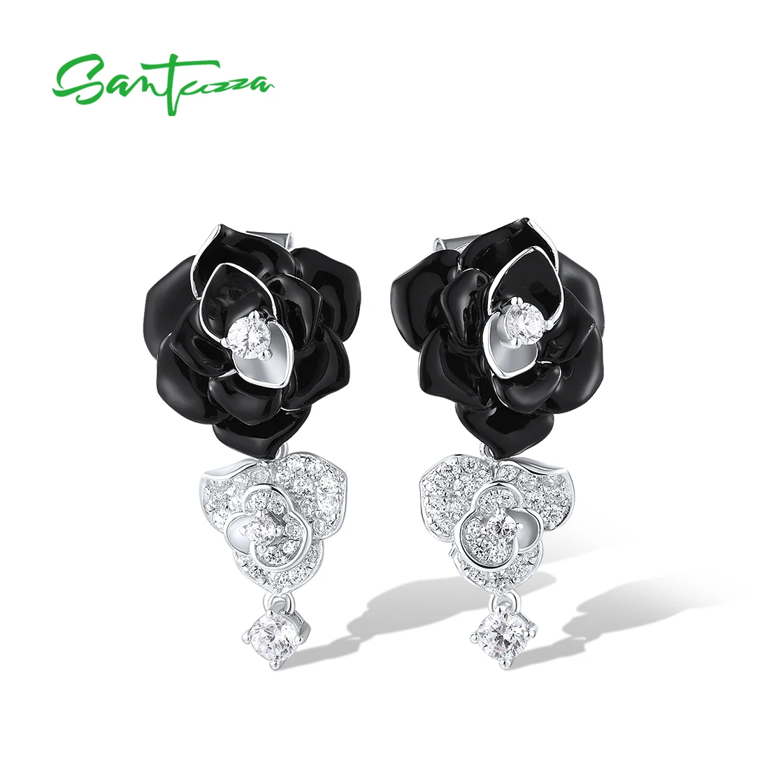 SANTUZZA Authentic 925 Sterling Silver Drop Earrings For Women White CZ Black&White Chic Flower Enamel Wedding Gift Fine Jewelry