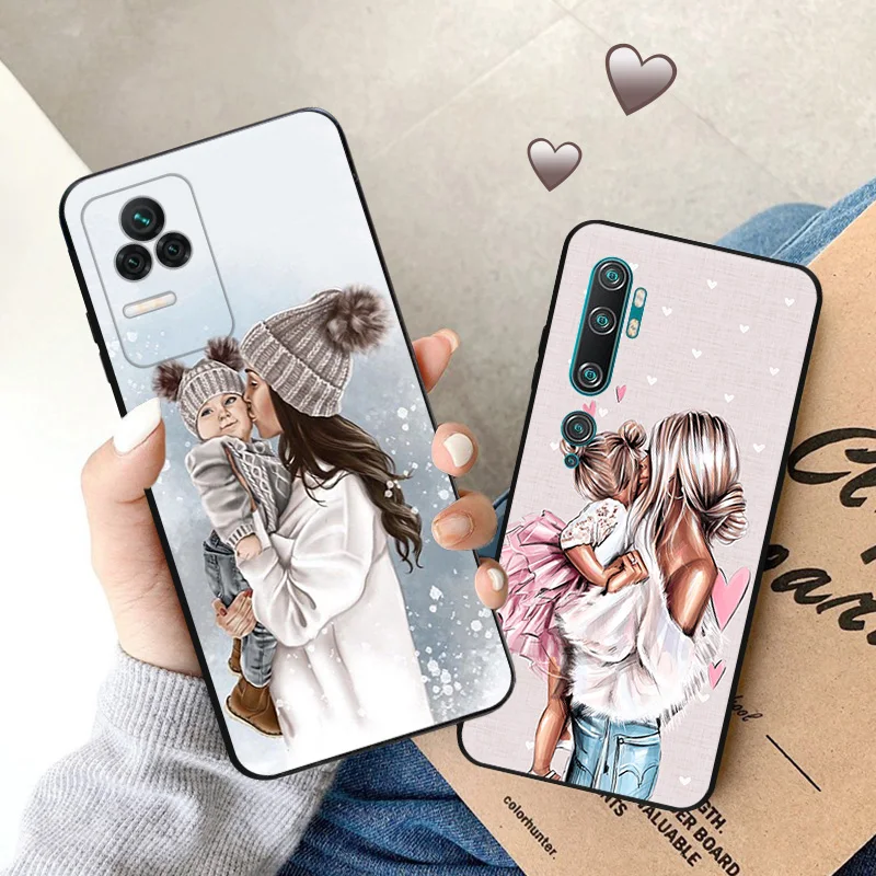 Soft Case for Redmi Note 11S 10S A3 10C 10A Xiaomi 14 11T Pro 10T 10 11Lite Brown Hair Baby Mom Girl Son Black Phone Cases Cover