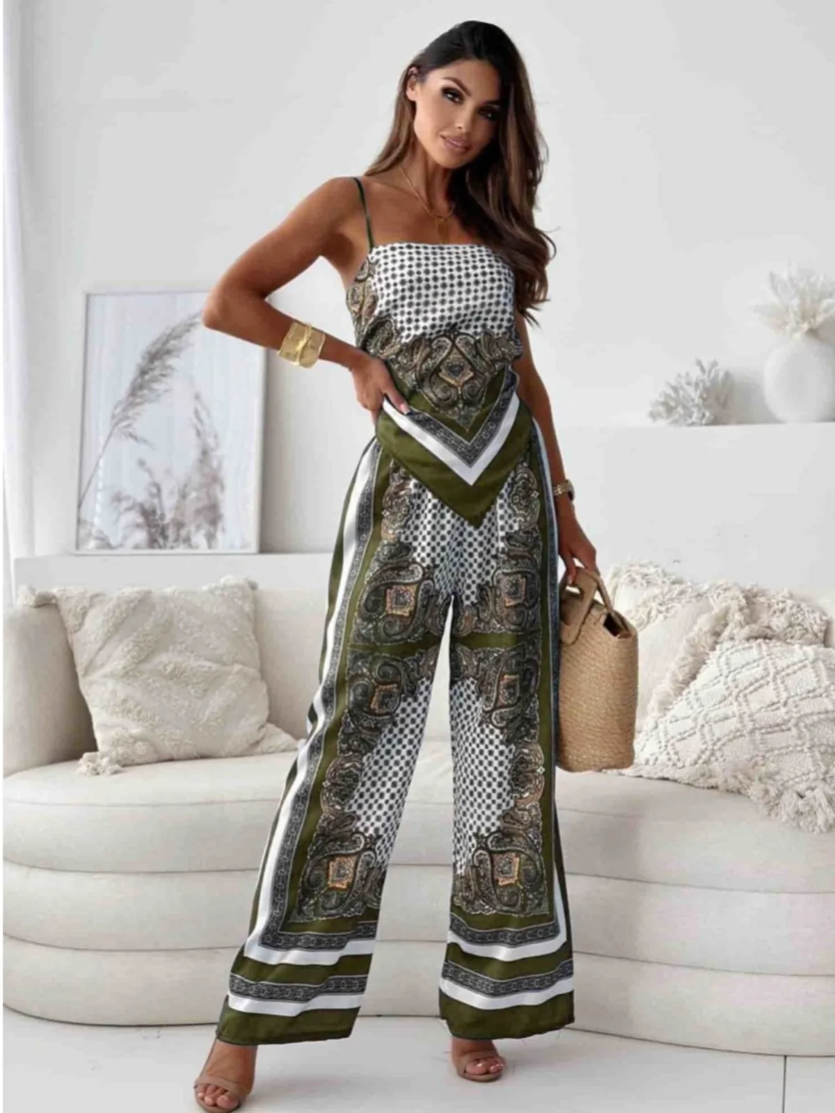 

Sexy Backless One-Shoulder Floral Print Crop Top And High-Waisted Long Pants Two-Piece Set for Women Summer Collection