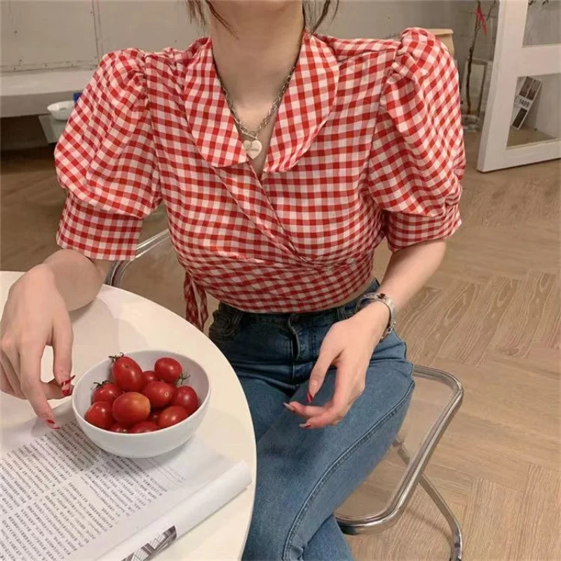 Red Plaid Shirts Women Summer Slim Cropped Vintage Office Lady Casual Short-sleeve Design Hot Daily Korean Style Sweet Clothing