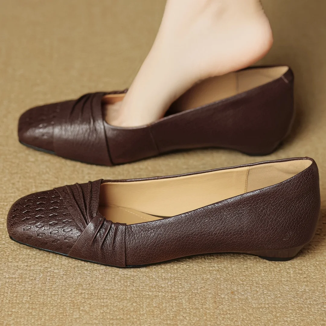 

Women's sheepskin square toe slip-on flats pleated 2.5cm kitten heel elegant ladies slim daily dress low heeled shoes for woman