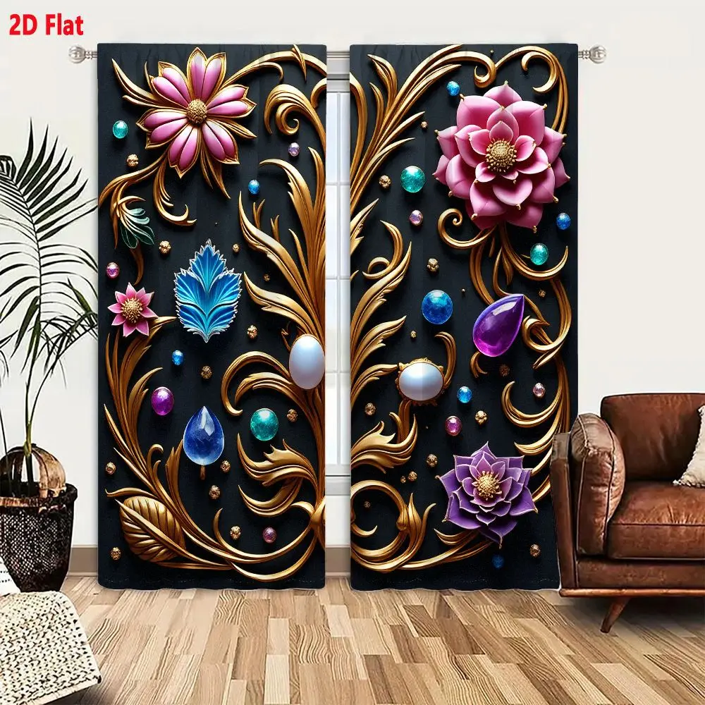 2Pcs Curtains Add 2D Flat Ornate Golden Scrollwork Floral Motif With Pink And Purple Flowers And Gemstones On Charcoal Backgroun