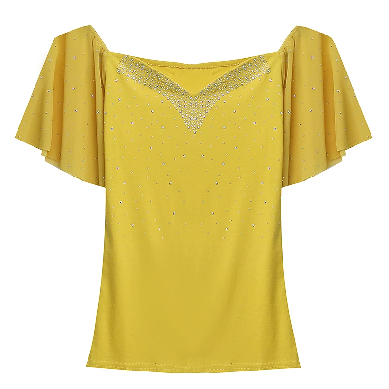 Slim Fit V-Ne ort Sve T-irt Women's Faionable Me Patchwork Diamond Studded Summer Top Korean Sle Commute Wear