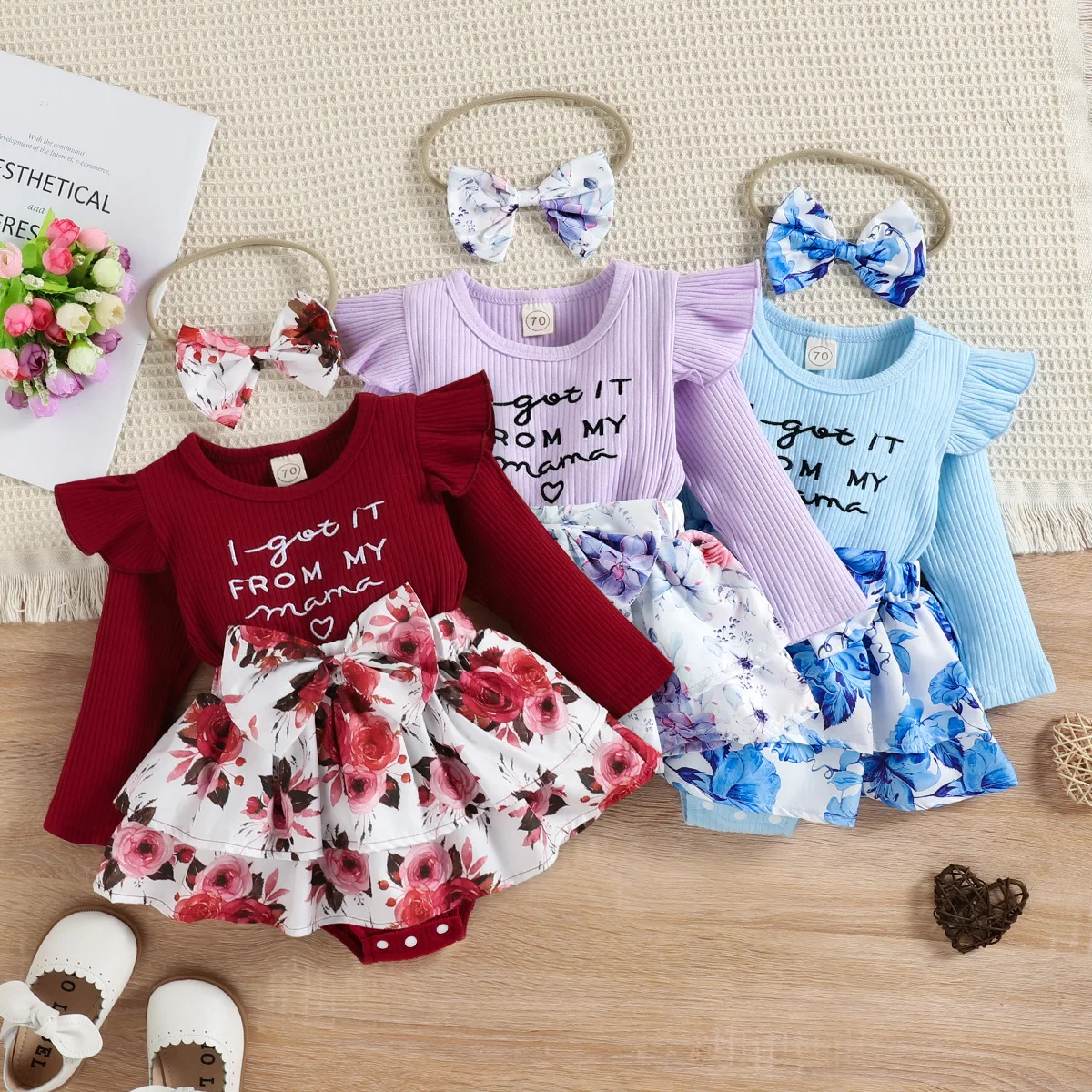 

Infant Baby Girls Romper Dress Letter Embroidery Knitted Ribbed Floral Print Ruffles Tutu Bodysuits with Bow Headband