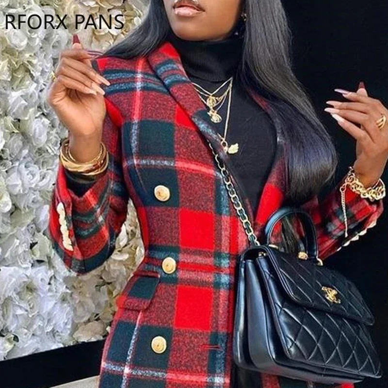 Women Chic Elegant Plaid Pattern Colorblock Buttoned Longline Blazer Coat