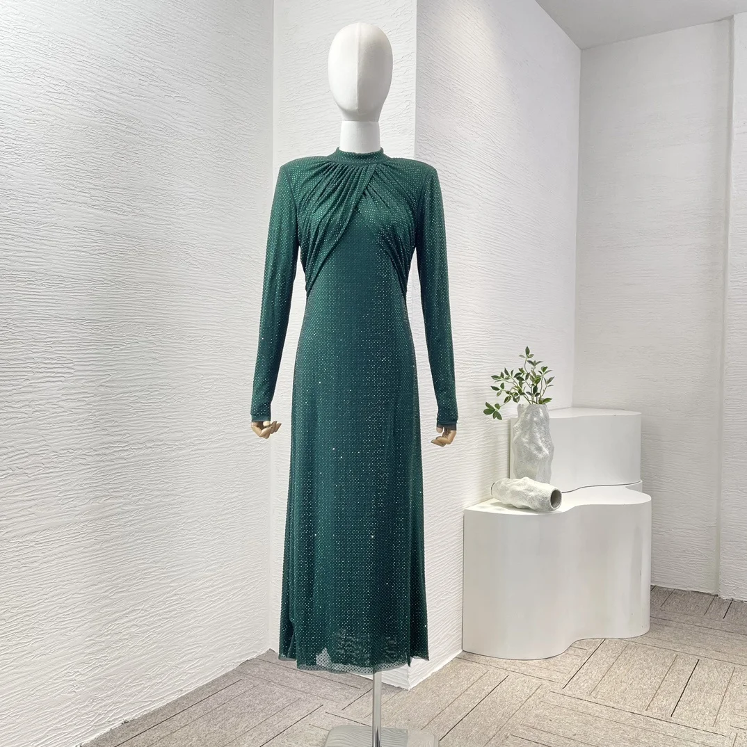 Re-tro Green Rhinestone Mesh 2024 Latest Women Party Collection Pleats Long Sleeve Elegant Midi Dresses