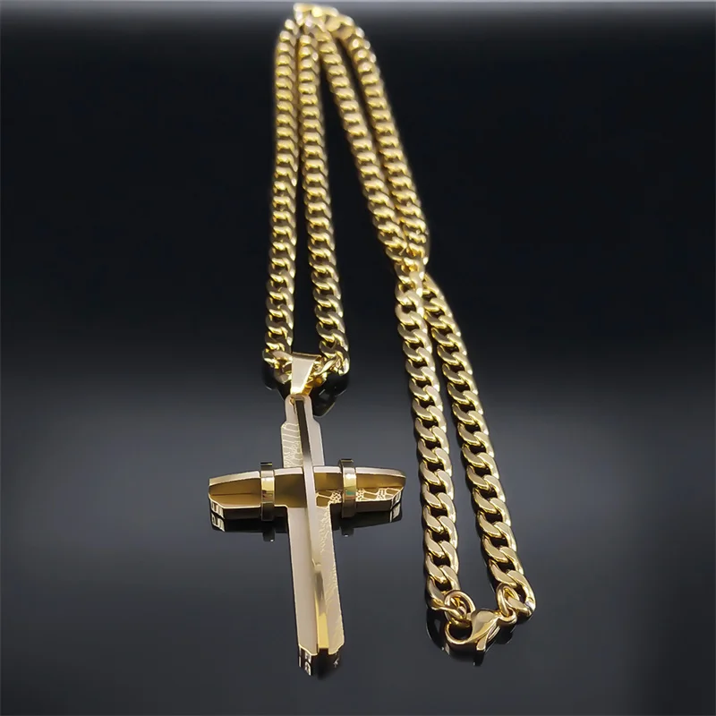 Men\'s Cross Male Crucifix Long Necklace for Women Stainless Steel Gold Plated Christian Long Necklaces Biker Jewelry N2341S03