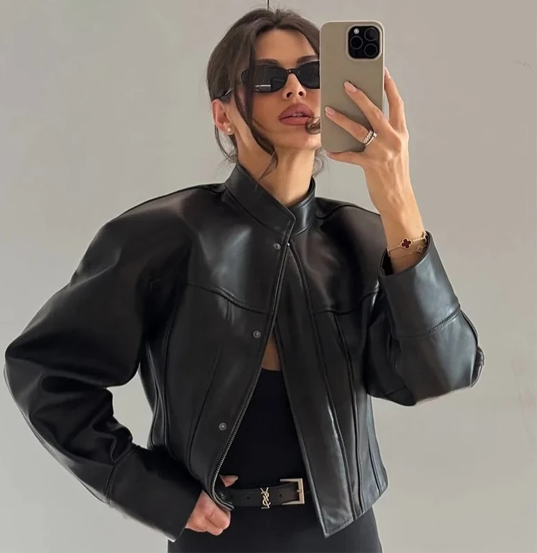 Jaqueta de couro sintético slim fit feminina clássica moto biker jaqueta primavera outono casaco básico com zíper