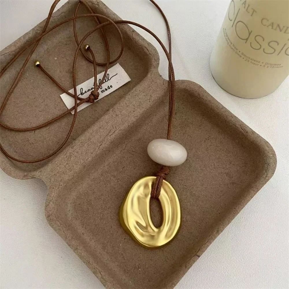 Unique Design Irregular Hollow Matte Color Oval Stone Pendant Necklaces for Women Adjustable Rope Chain Chokers Jewelry