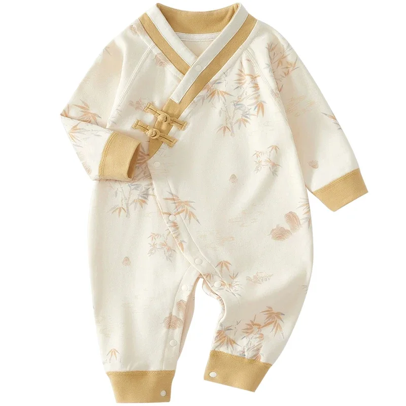 봄 가을 유아 여아 남아 의류 신생아 용품 중국 스타일 귀여운 브이넥 프린트 점프수트 롬퍼 유아복 BC1478
