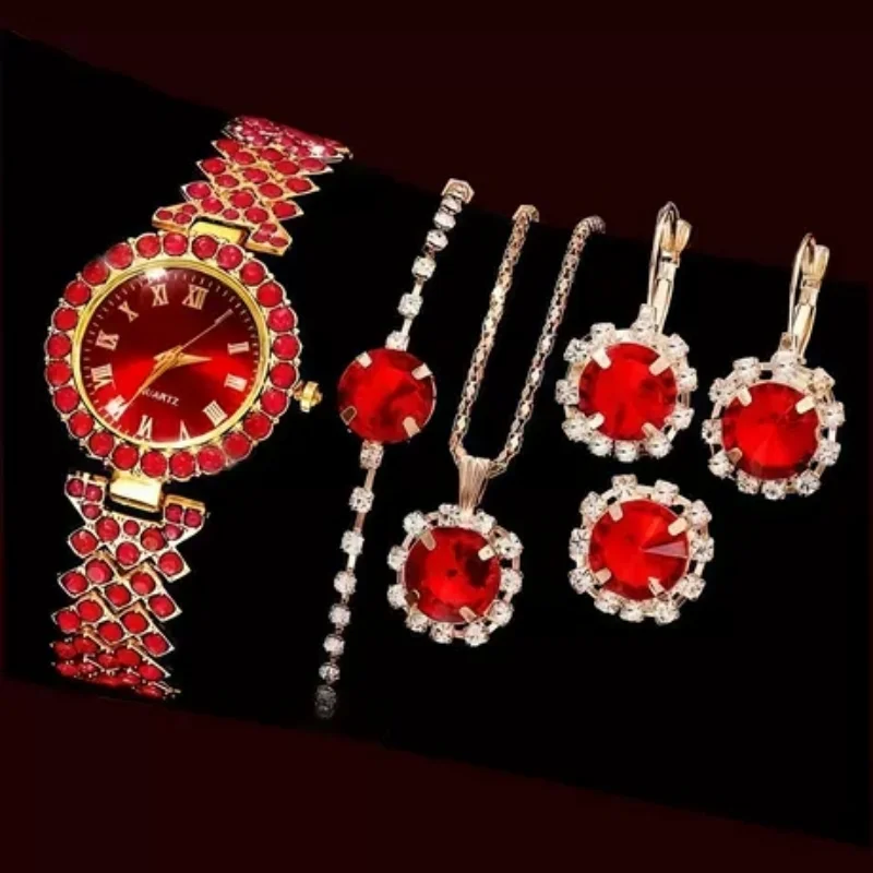 مجموعة مجوهرات وساعات عصرية أنيقة للنساء مكونة من 6 قطع، ساعة يد كوارتز بمينا حجر الراين الأزرق للسيدات، مجموعة ساعات مجوهرات نسائية