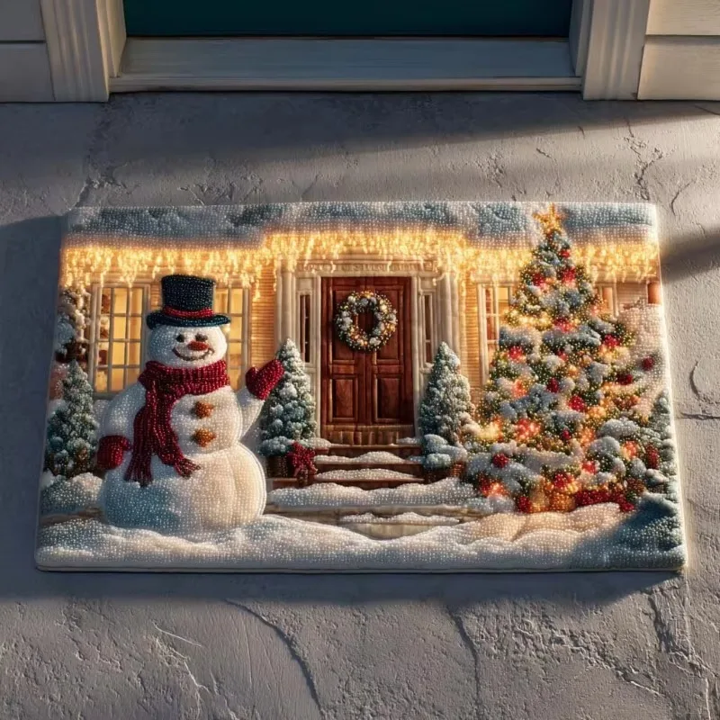 Vintage 3D Stag Doormat Stone Window Holly Leaves Berries Art Print Decor Rug for Christmas Home Entrance Decor