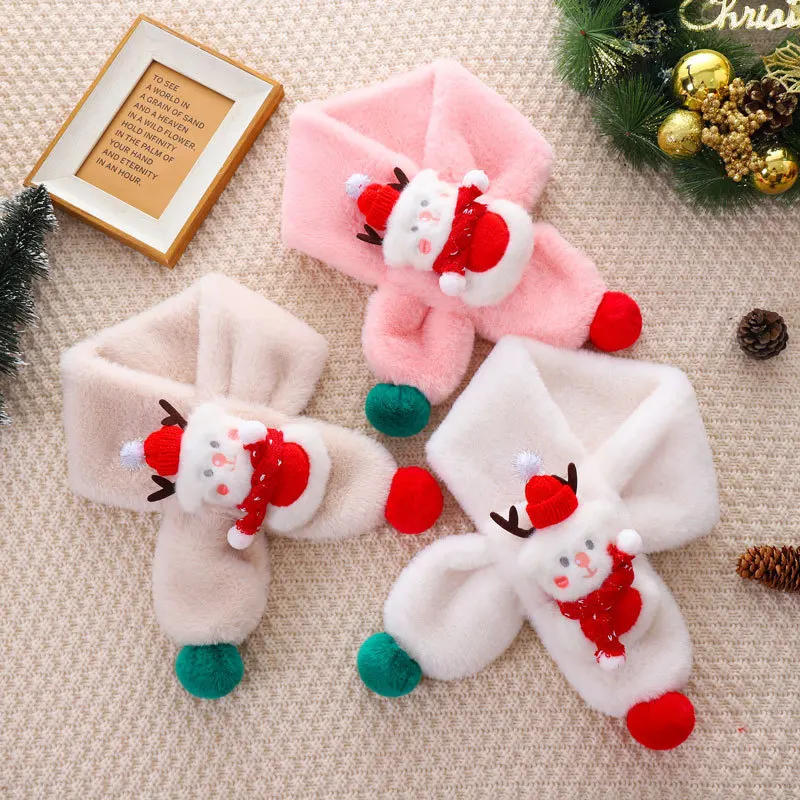 Christmas Cute Cartoon Snowman Children's Scarf Boys Girls Autumn Winter Thick Neck Protection Faux Rabbit Fur Cross Plush Scarf