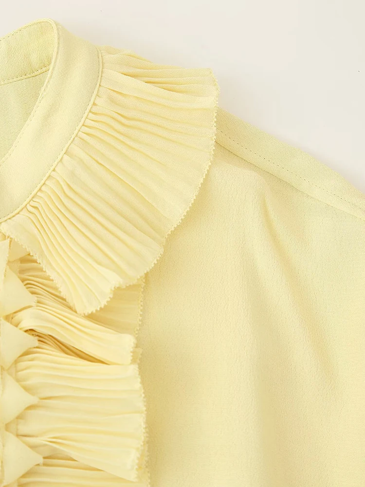 เสื้อผ้าผู้หญิงสไตล์ยุโรปและอเมริกาใหม่แฟชั่นฝรั่งเศสอารมณ์อเนกประสงค์จีบคอวีชีฟองเสื้อแขนยาว