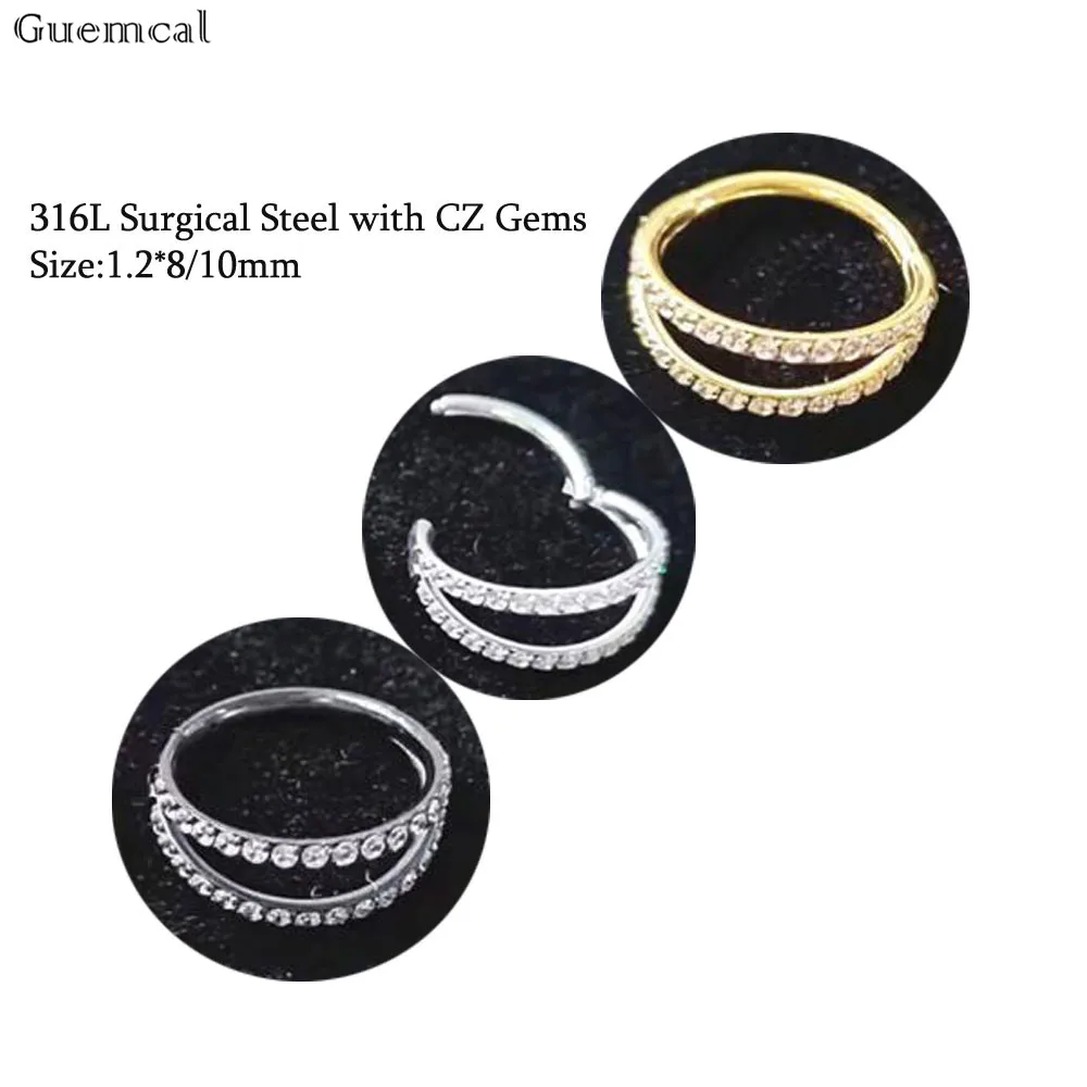 

Guemcal 1 Pcs Stainless Steel Nose Ring Closed Ring Ear Bone Double Ring Micro-inlaid Zircon Nose Nail Earrings