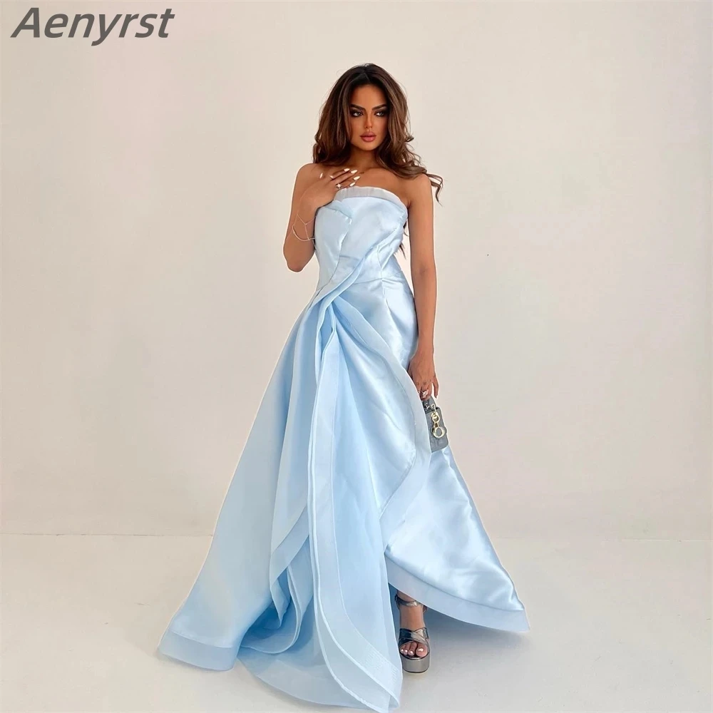 

Sky Blue Prom Dress Strapless Ruched Ruffle Formal Occasion Dresses Sleeveless Arab Saudi Evening Gown Women فستان حفلات الزفاف