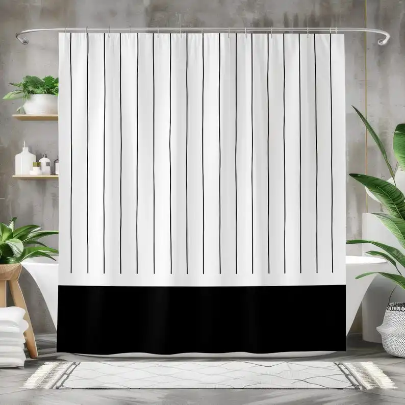Vertical Line Shower Curtain with Black Panel – Modern Monochrome Bathroom Decor, Minimalist Waterproof Polyester Fabric