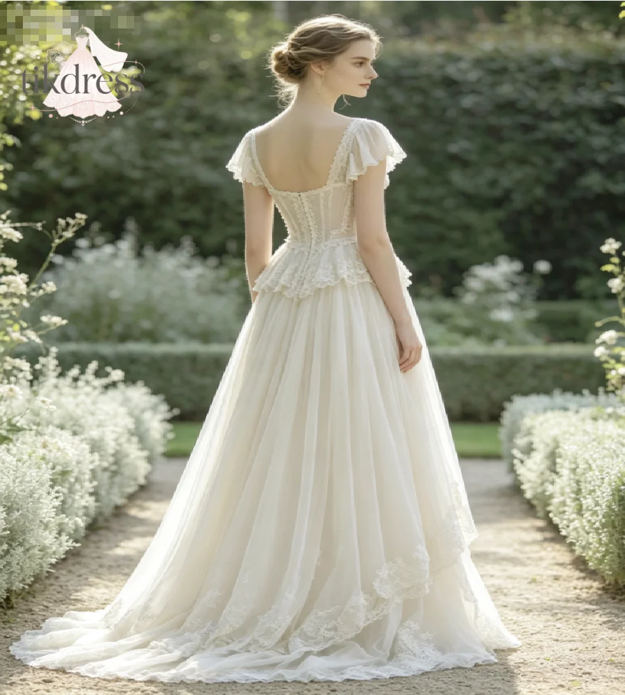Fairy Boho A Line Celtic Wedding Dress Flutter Cap Sleeve Corset Bodice Ruffled Lace Tiered Bohemian Bride Dresses Gatsby Custom