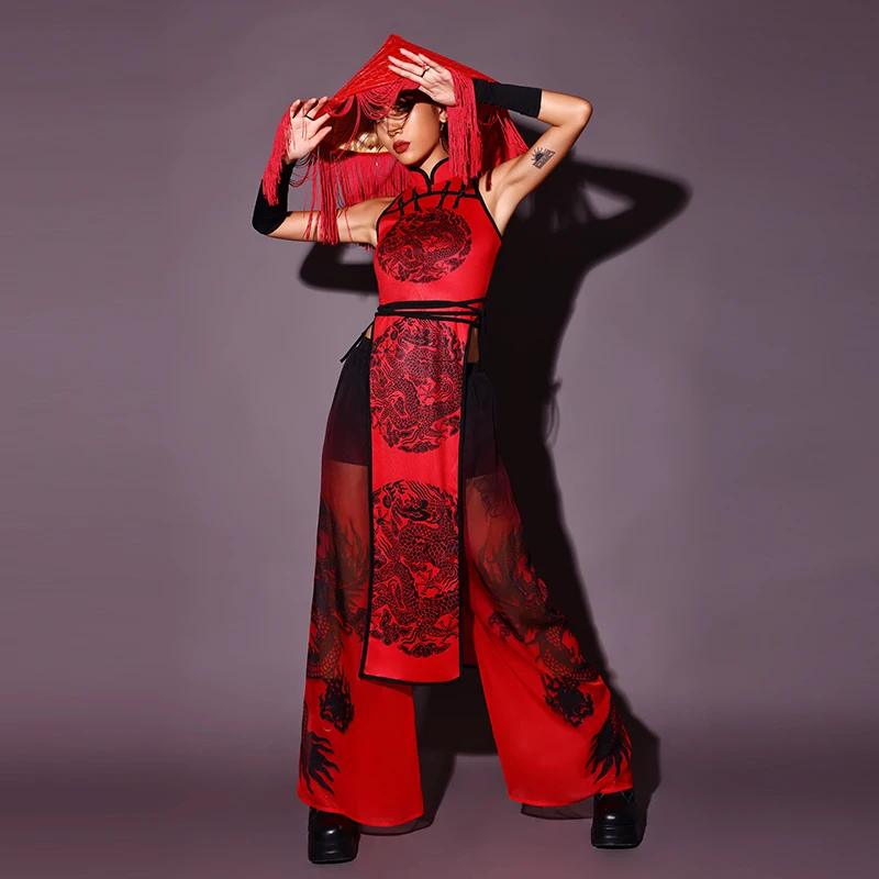 Women Chinese Style Jazz Performance Outfit Red Kpop Clothes Nightclub Bar Dj Singer Stage Wear Sexy Gogo Dance Costume