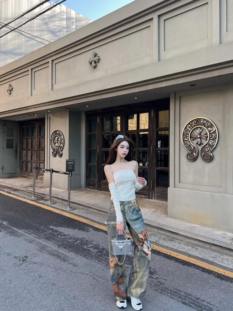 

Винтажные женские джинсы с высокой талией, прямые, из денима, с принтом, украшенные шелковым узлом и плюшевой игрушкой-медведем, повседневные, хлопковые, на молнии