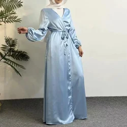 Muslim Abayas Puff Sleeves Maxi Length Ramadan Dresses Women Kaftan Jilbabs Open Front  Abayas With Belt Outwear Cardigan Coats