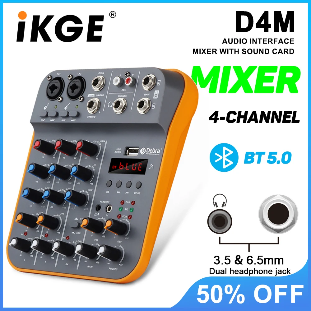 IKGE D4M Mini 4-Channel Audio Mixer, DJ Console with Reverb Bluetooth 5.0 USB Sound Card 48V for PC Recording, Karaoke