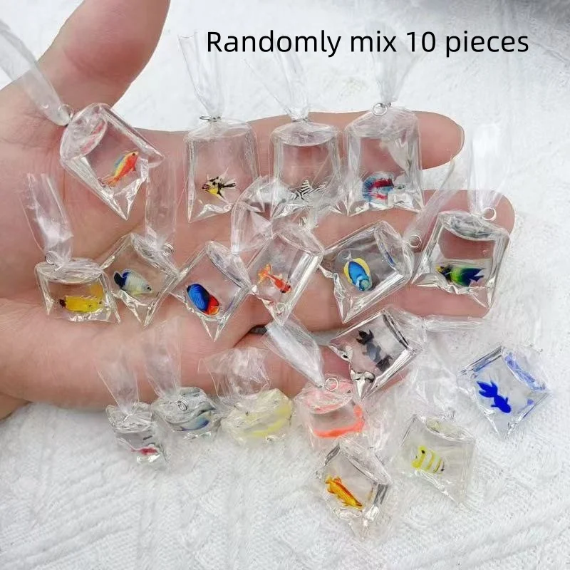 Random mix of 10pcs simulated transparent water bag small fish goldfish carp DIY accessory keychain pendant earrings accessories