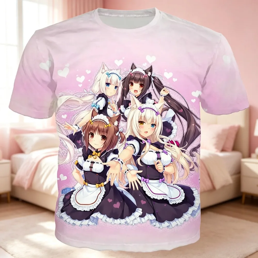 Cute Cat‑Girl Maid Anime Character Graphic Men T‑Shirt Vibrant 3D Print Short Sleeve Otaku Casual Street Tee