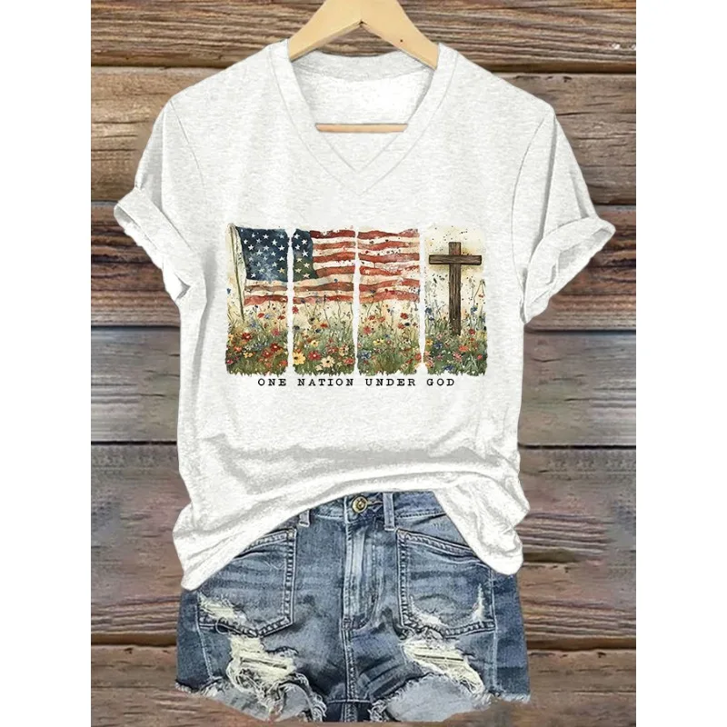 2026New Women's Faith Print T-Shirts Casual Short Sleeve V Neck Tops Summer Tees Fashion