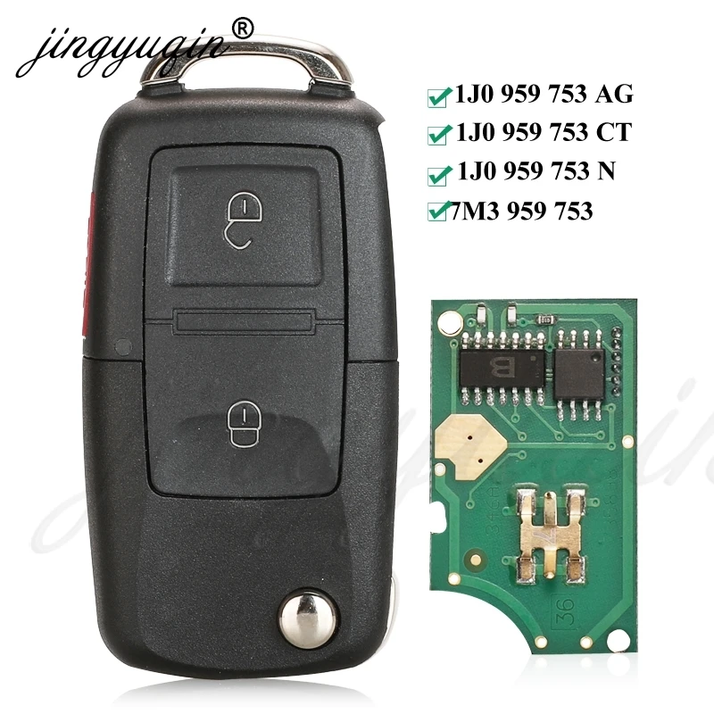 

jingyuqin Remote Key FOB 2 Buttons 433MHZ ID48 1J0 959 753N/753AG/753CT 7M3959753 for Volkswagen VW Passat Golf MK4 Bora Polo