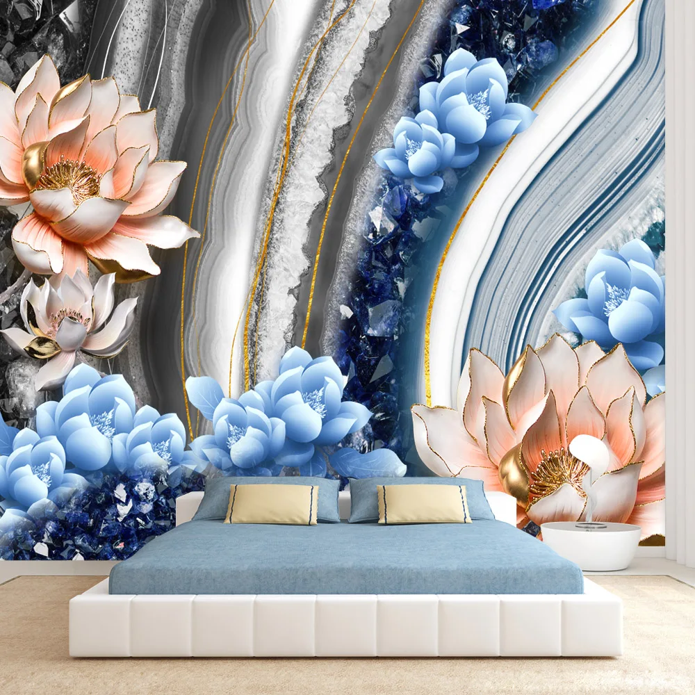 

Modern Peel and Stick Removable Optional Wallpapers for Living Room Bed Wall Covering Home Decor Blue Marble Water Lily Murals