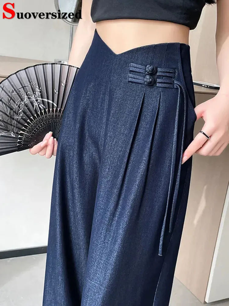 

Chic Design High Waist Baggy Straight Pants Women Casual Ice Slik Solid Pantalones Spring Fall Senior Wide Leg Loose Spodnie New