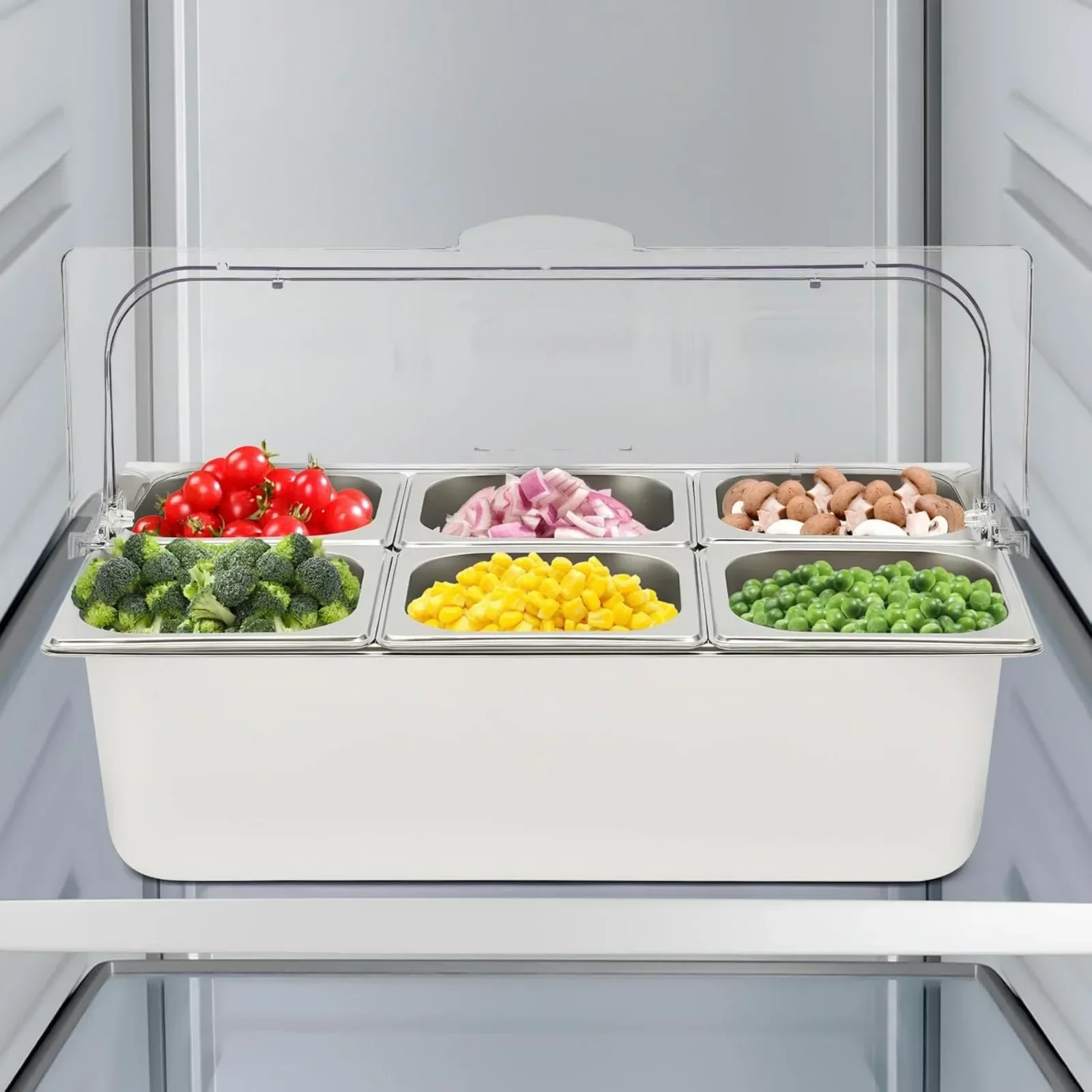 

Bymaocar 6-grid Countertop Buffet Food Display Container, Restaurant Cafeteria Stainless Steel Detachable Serving Plate W/ Lid