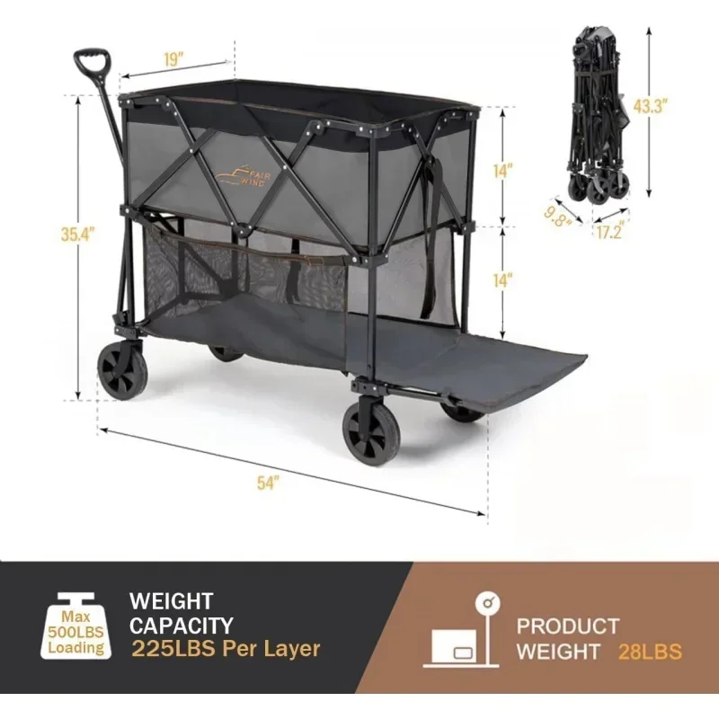 Vagão QWDouble Decker, vagão extensor extra longo de 54", capacidade de peso de 450 libras, vagão resistente dobrável com capacidade de 400L,