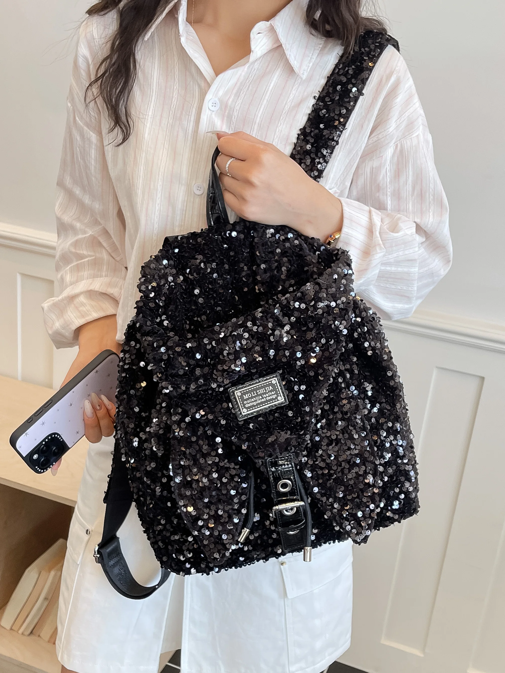 Punk Style Large Capacity Backpack Dark Series Handmade Motorcycle Belt Decoration Hot Girl Double Shoulder Bag Soft Leather