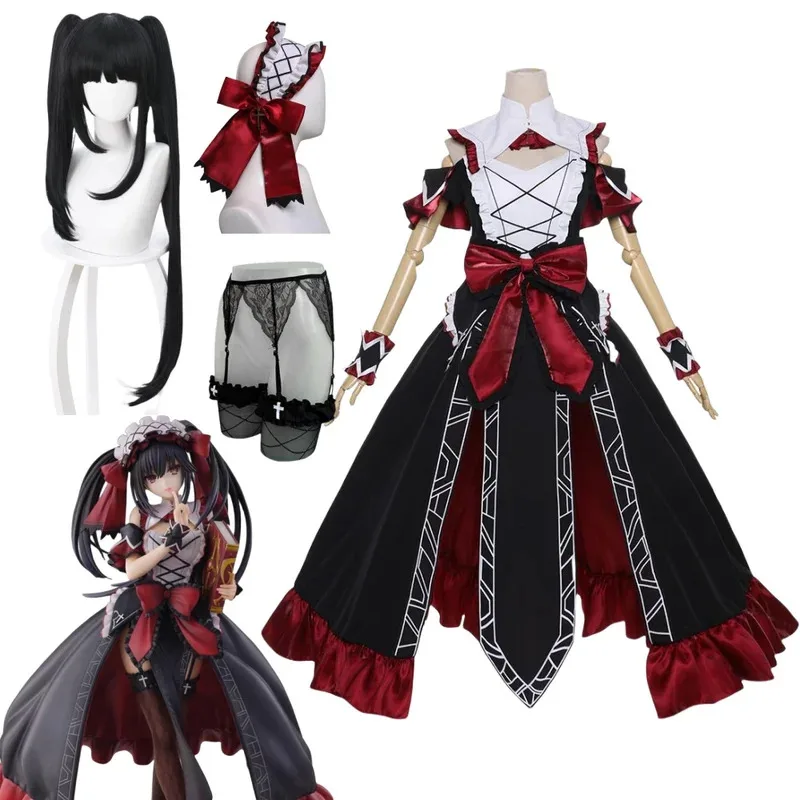 

Tokisaki Kurumi Косплей Костюм Парик Аниме Даты Живой Косплей Женский Кошмар Черное Платье Костюм Хэллоуин Вечеринка Комплект
