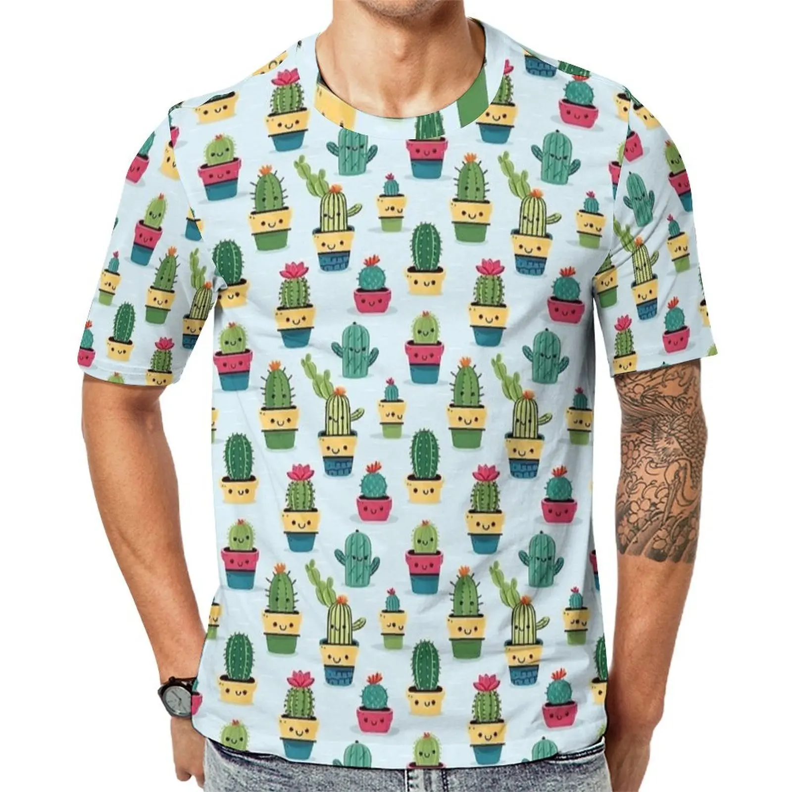 Blue Cute Potted Cactus Repeat Print T Shirt  Trending T-Shirts Men Awesome Tshirt Original Short-Sleeve Graphic Top Tees 4XL 5X