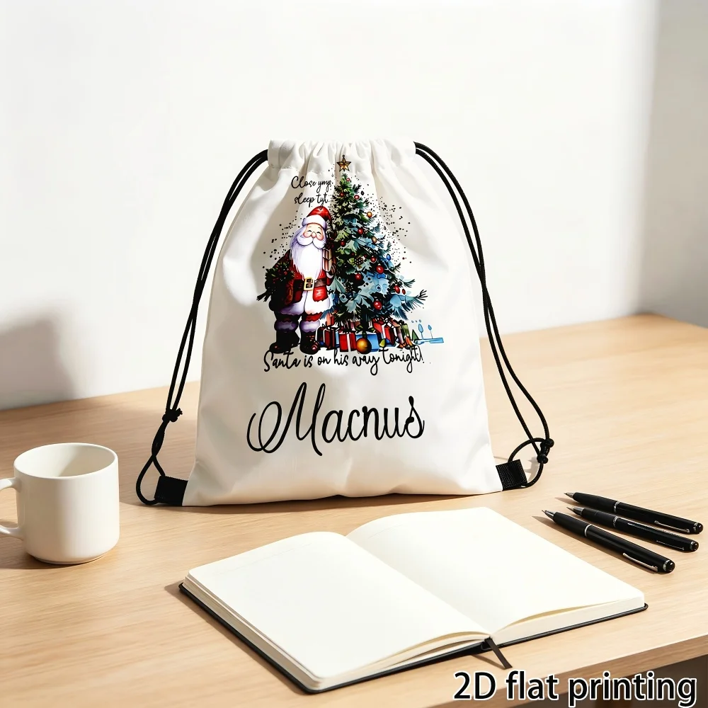 1Pc Custom Name/Text Christmas Santa Claus Drawstring Backpack, Lightweight Sports Bag, Gym Storage Bag, Outdoor Travel Rucksack