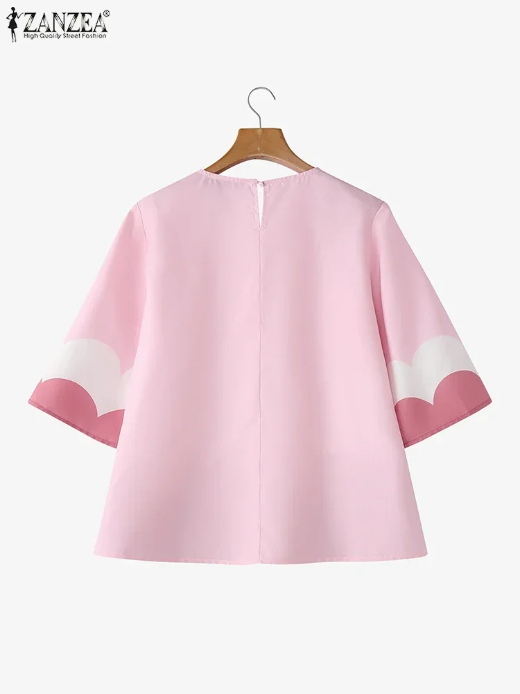 ZANZEA 2025 Summer Women Blouses Fashion Vintage Casual Short Sleeve Colorblock Blusas Tunics Casual O-neck Tops Streetwear
