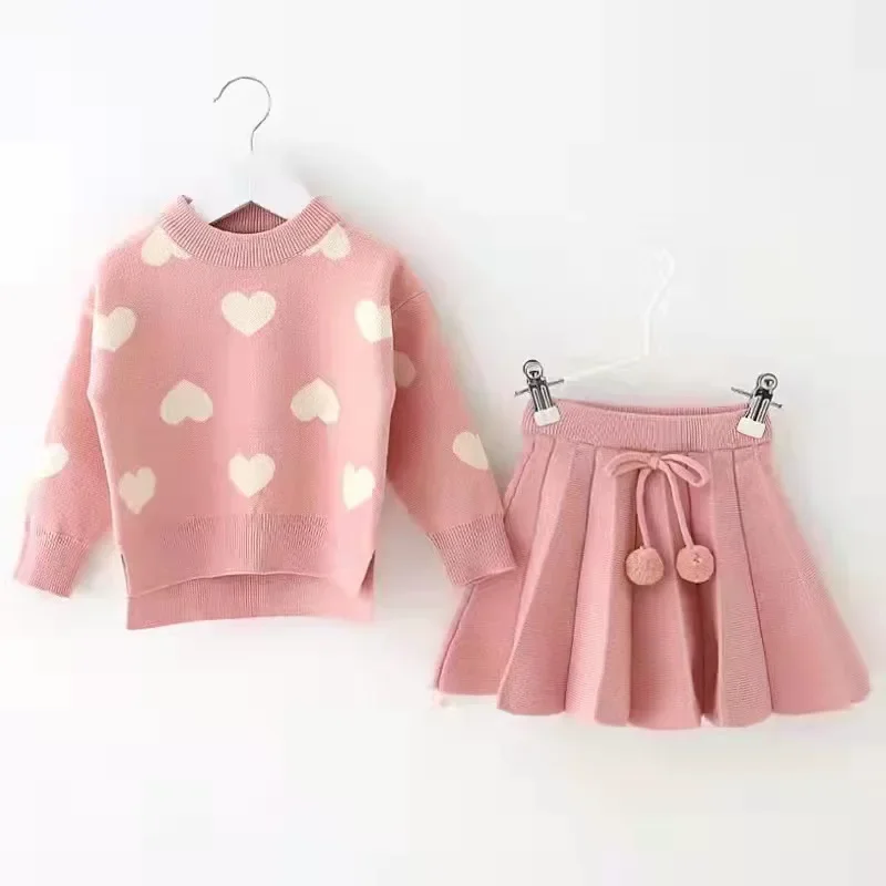 Autumn Winter Children\'s Love Sweater Skirt Two Piece Suit Woollen Clothing Set Long Sleeve 1-5 Years Kids Girls Knit Clothes