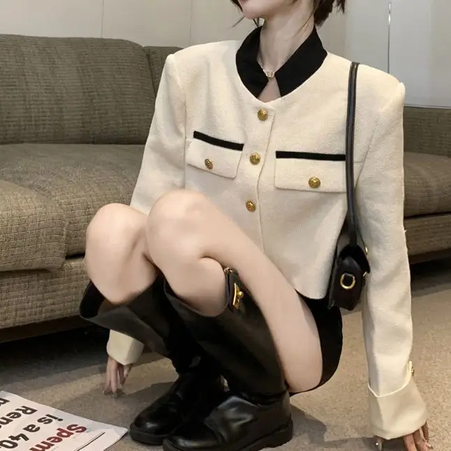 Korea New Temperament Retro Short Woolen Jacket Women Autumn Spring Single Breasted Chic Tweed Equestrian Clothing Outerwear Top
