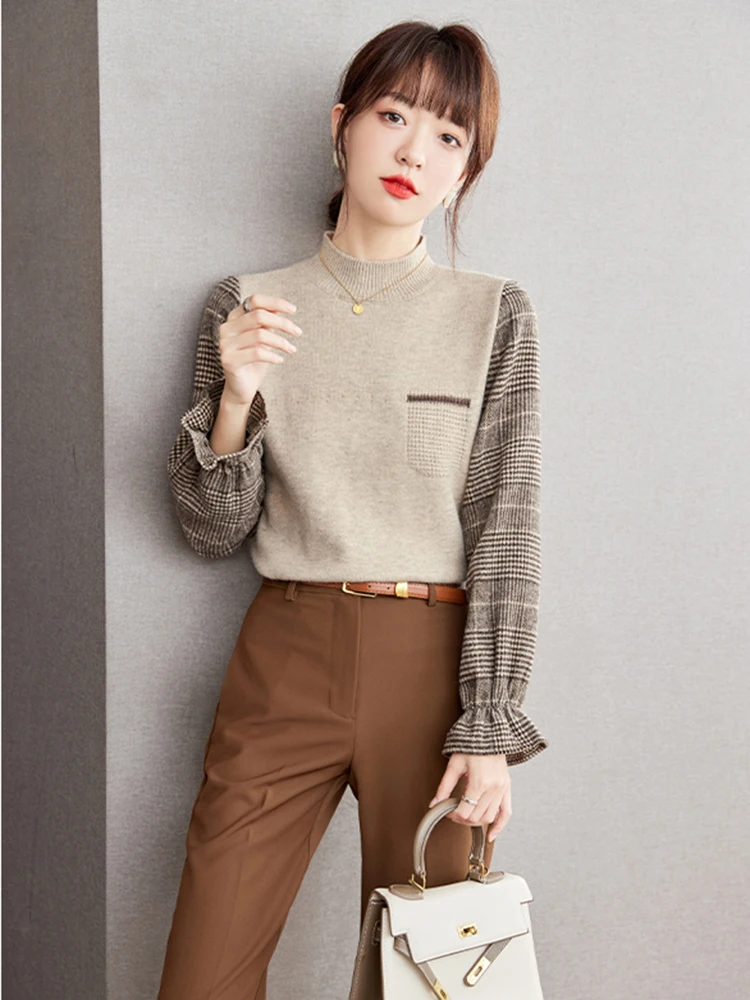 Women Retro Knitted Sweater Korean Fashion Versatile Round Neck Sweater Autumn/Winter Splicing Design Long Sleeved Tops