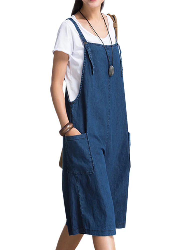 Womens Jumpsuits 2024 ZANZEA Summer Pants Wide Leg Overalls Denim Blue Dungarees Rompers Sleeveless Adjustable Strap Turnip