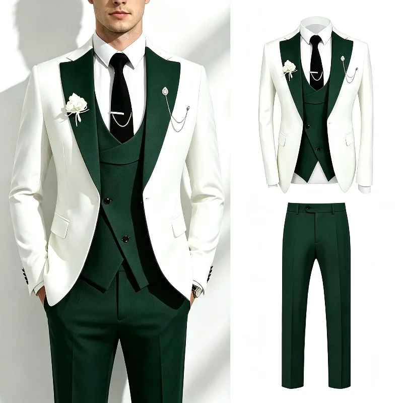 Color Blocked Men's Business Suit Set - Gentleman Peak Lapel Blazer Vest Pants British Style Casual Wedding Banquet Male Suits