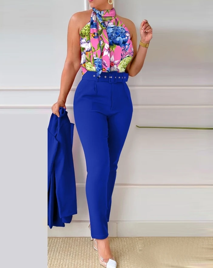 Set for Women 2 Piece 2024 Summer Temperament Floral Print Tie Neck Sleeveless Tank Top & High Waist Pants Set with Belt